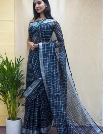 Black-Linen-Saree-With-Silver-Border-one